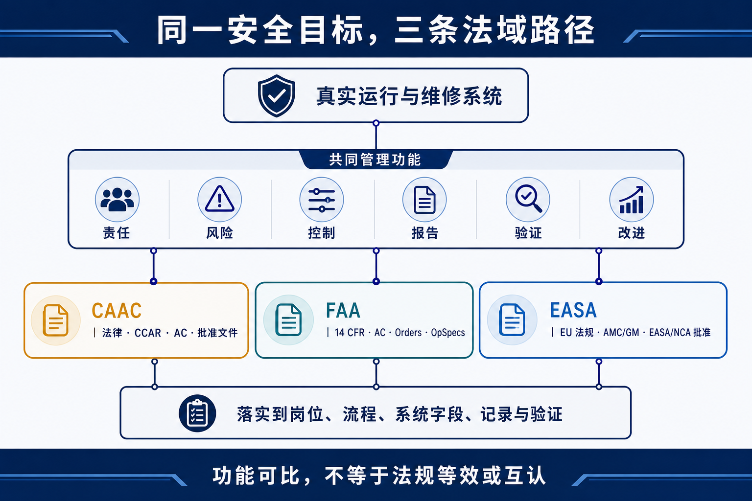 CAAC、FAA、EASA 三方安全管理对照图：共同管理真实运行与维修系统中的责任、风险、控制、报告、验证和改进，但分别沿中国法律与CCAR、美国14 CFR、欧盟法规与AMC/GM路径取证。